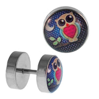 Load image into Gallery viewer, Fake Piercing Plug Edelstahl Eule Kulleraugen Herz pink Ast 10 mm - chic - net.de
