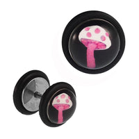 Load image into Gallery viewer, Fake Piercing Plug Edelstahl Fliegenpilz Pilz pink weiß schwarz Gummiring 7 mm - chic - net.de
