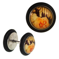 Load image into Gallery viewer, Fake Piercing Plug Edelstahl Klavier mit rose orange schwarz Gummiring 7 mm - chic - net.de
