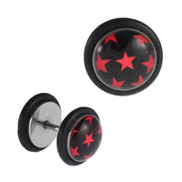 Load image into Gallery viewer, Fake Piercing Plug Edelstahl kleine rote Sterne schwarz Gummiring 7 mm - chic - net.de
