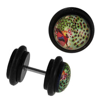 Load image into Gallery viewer, Fake Piercing Plug schwarz Muster grün Vogel bunt Gummiring 7 mm - chic - net.de
