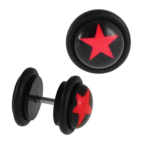 Fake Piercing Plug schwarz Stern rot Groß Gummiring 7 mm - chic - net.de