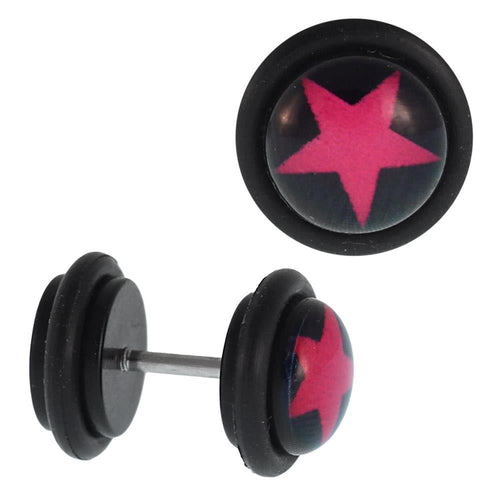 Fake Piercing Plug Stern pink schwarz Gummiring 7 mm - chic - net.de