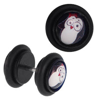 Load image into Gallery viewer, Fake Piercing Plug Tunnel Pinguin große Augen rote Schleife schwarz Gummiring 7 mm - chic - net.de
