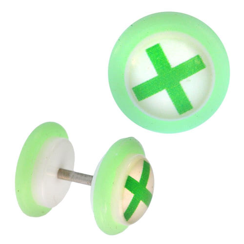 Fake Piercing Plug weiß grünes Plus Zeichen Gummiring neon grün 7 mm - chic - net.de