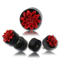 Load image into Gallery viewer, Fake Plug Piercing Arang Holz schwarz rot Leder Blume Handarbeit Edelstahl Ohrstecker 1 mm - chic - net.de
