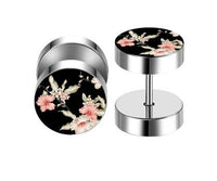 Load image into Gallery viewer, Fake Piercing Ohrring Edelstahl rosa Blüte schwarz silber
