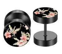 Load image into Gallery viewer, Fake Piercing Ohrring Edelstahl rosa Blüte schwarz silber
