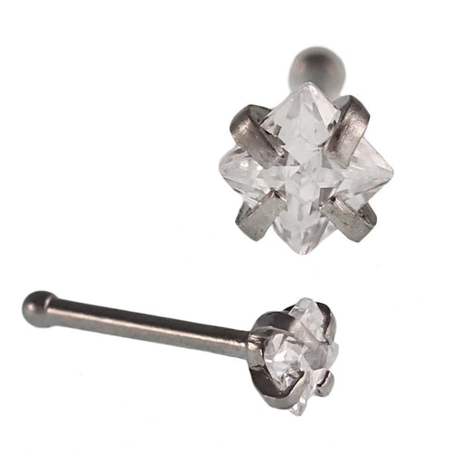 Gerader Nasenstecker silberfarben Edelstahl weiß Zirkonia viereckig 8mm lang - chic - net.de