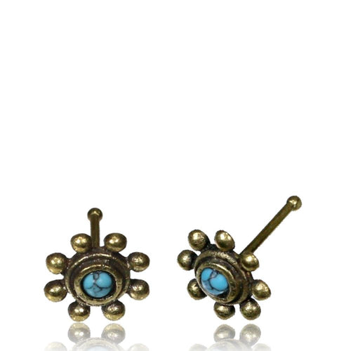 Gerader Türkis Nasenstecker Tragus antik golden Punkte Blume Messing 8 mm lang - chic - net.de