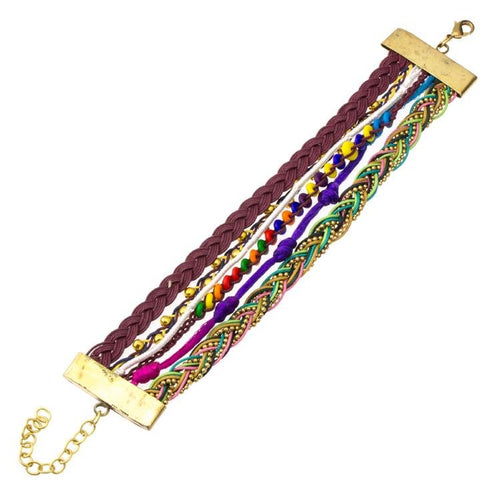 Ibiza Messing Armband mehrlagig golden dunkellila Perlen nickelfrei Tribal 17,8 cm Karabiner - chic - net.de