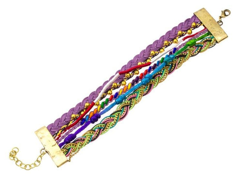 Ibiza Messing Armband mehrlagig golden lila Perlen nickelfrei antik Tribal 17,8 cm Karabiner - chic - net.de