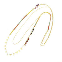 Cargar imagen en el visor de la galería, Kette 18 karat vergoldet Faden Regenbogen Plättchen Stein Perlen nickelfrei Karabiner lang zweilagig - chic - net.de
