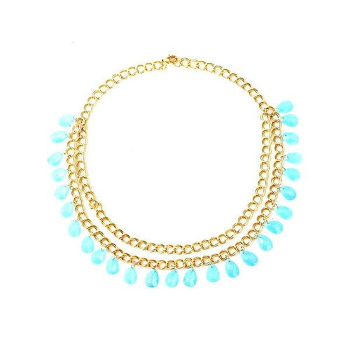 Kette 18 karat vergoldet zweilagig Glitzer Acryl Kristall blau Tropfen nickelfrei Karabiner - chic - net.de