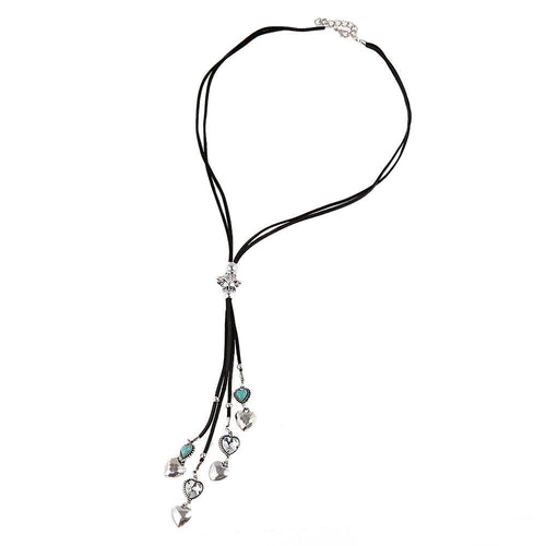 Kette 81 - 89cm Anhänger 16cm silbern Brass Türkis Kristalle Lederbänder Herzen - chic - net.de