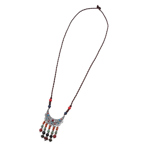 Kette 90 cm Brassanhänger Wellen Sichel 11 cm Perlen blau rot orange grün Kordel - chic - net.de