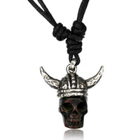 Load image into Gallery viewer, Kette Brass Baumwolle Holz Skull dunkel Anhänger Viking Wikinger Helm verstellbar - chic - net.de
