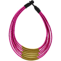 Cargar imagen en el visor de la galería, Kette Messing pink Rohre gebogen Seidenfaden mehrlagig nickelfrei 46 cm antik Tribal Brass - chic - net.de
