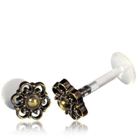 Cargar imagen en el visor de la galería, Labret Lippen Piercing Acryl Bogen Blume antik golden Brass Motiv - chic - net.de
