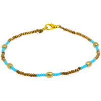 Load image into Gallery viewer, Messing Armband Zylinder gewölbt hellblau golden nickelfrei Perlen antik Tribal 23,5 cm Karabiner - chic - net.de
