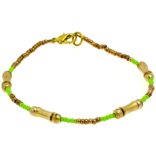 Messing Armband Zylinder konkav grün Perlen golden nickelfrei antik Tribal 22 cm Karabiner - chic - net.de