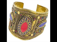 Load image into Gallery viewer, Messing Armreif gold Raute Mandel Seile Lapis Jaspis breit nickelfrei verstellbar antik Tribal - chic - net.de
