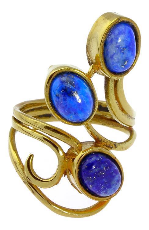 Messing Ringe breit Lapis blau Spirale verschnörkelt golden nickelfrei antik Stein Tribal Steinringe - chic - net.de