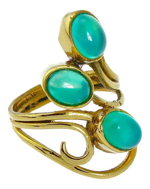 Messing Ringe breit Onyx grün Spirale verschnörkelt golden nickelfrei antik Stein Tribal Steinringe - chic - net.de