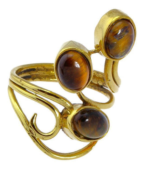 Messing Ringe breit Tigerauge braun Spirale verschnörkelt golden nickelfrei antik Tribal Steinringe - chic - net.de
