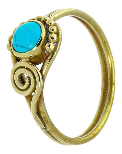 Messing Ringe Kugel Halbkreis Spirale Türkis rund antik golden nickelfrei Tribal Steinringe schmal - chic - net.de