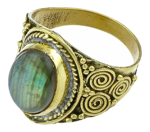 Messing Ringe Labradorit oval Bögen Seile breit grün antik golden nickelfrei Tribal Schmuck Stein - chic - net.de
