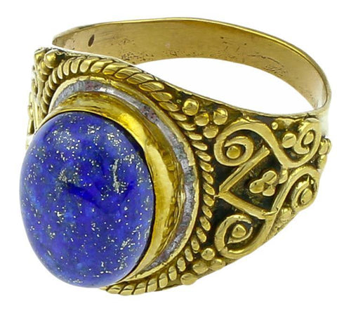 Messing Ringe Lapis oval Bögen Punkte Seil breit antik golden nickelfrei oxidiert Tribal Schmuck - chic - net.de