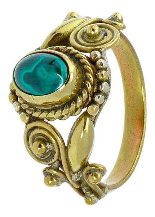 Messing Ringe Malachit oval Zopf Spiralblumen Kugeln antik golden nickelfrei Tribal Schmuck - chic - net.de