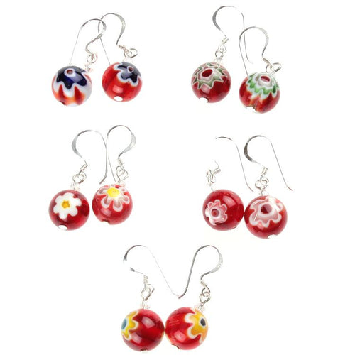 Muranoglas Kugel 12 mm Ohrringe rot Blume Glas individuell Silber 925er Sterling - chic - net.de
