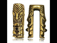 Load image into Gallery viewer, Ohrgewichte Piercing Tiki Skulptur U - Form Brass antik golden Onyx 28 g - chic - net.de
