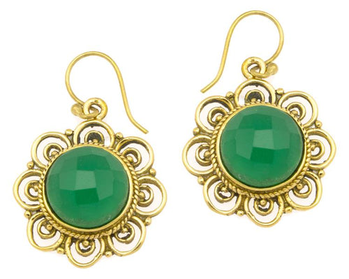 Ohrringe grün Onyx facettiert Blume Bögen Messing antik golden Tribal 25 mm - chic - net.de