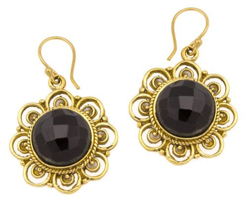Ohrringe Onyx facettiert Blume Bögen Messing antik golden Tribal 25 mm - chic - net.de