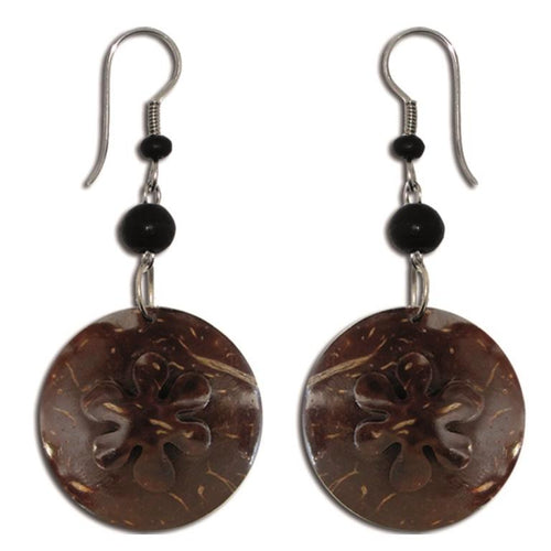 Ohrringe Rund Blume Kokos Holz Edelstahl dunkelbraun Maserung Ohrhänger - chic - net.de