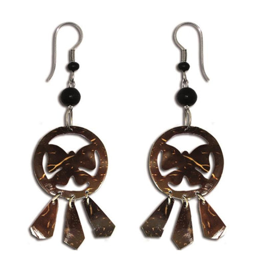 Ohrringe rund Schmetterling gestanzt Kokosholz dunkelbraun Maserung mit Anhänger - chic - net.de