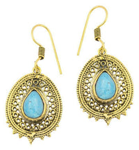 Load image into Gallery viewer, Ohrringe Türkis Tropfen oval Zacken Kreise Messing antik golden Tribal - chic - net.de
