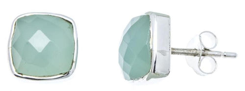 Ohrstecker Aqua Calcit Quadrat 8 mm 925er Sterlingsilber Rand facettiert gewölbt hellblau - chic - net.de
