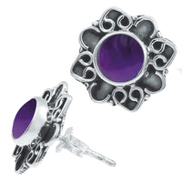 Load image into Gallery viewer, Ohrstecker lila Stein Amethyst rund, silber Rand Blume verschnörkelt Herz 925er Sterlingsilber - chic - net.de
