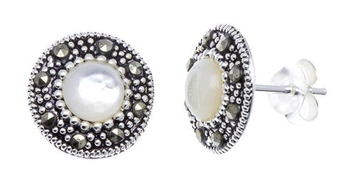 Ohrstecker, Perlmutt weiß, rund, silber Rand 8 mm Ø, silber Steine eingefasst, 925er Sterlingsilber - chic - net.de