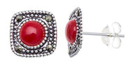 Load image into Gallery viewer, Ohrstecker rot eckig runder Stein silber Rand 8 mm silber Steine eingefasst 925er Sterlingsilber - chic - net.de
