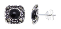 Load image into Gallery viewer, Ohrstecker schwarz eckig runder Stein silber Rand 8 mm silber Steine eingefasst 925er Sterlingsilber - chic - net.de
