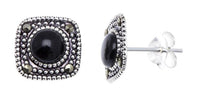 Load image into Gallery viewer, Ohrstecker schwarz eckig runder Stein silber Rand 8 mm silber Steine eingefasst 925er Sterlingsilber - chic - net.de
