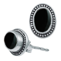 Load image into Gallery viewer, Ohrstecker schwarz Stein Onyx oval Rand Zopfmuster 925 Sterlingsilber - chic - net.de
