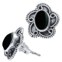 Load image into Gallery viewer, Ohrstecker schwarz Stein Onyx oval, silber Rand Blume verschnörkelt Ohrringe 925er Sterlingsilber - chic - net.de
