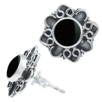 Load image into Gallery viewer, Ohrstecker schwarz Stein Onyx rund, silber Rand Blume verschnörkelt Herz 925er Sterlingsilber - chic - net.de
