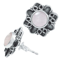 Load image into Gallery viewer, Ohrstecker weiß Mondstein rund, silber Rand Blume verschnörkelt Herz Ohrringe 925er Sterlingsilber - chic - net.de
